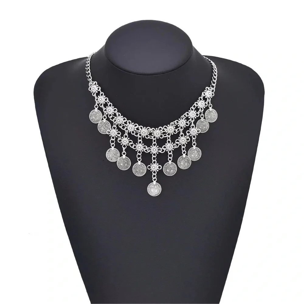 New Silver Round Coin Tassel Bohemian Ethnic Statement Necklace Gypsy Turkish - Picture 1 of 2